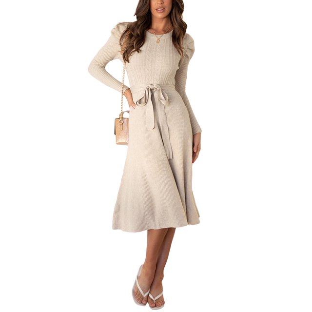 SAYOO Vestido Midi de Punto para Mujer, Sexy Manga Larga Puff Cuello Redondo Color Sólido Vestido con Lazo en la Espalda SAYOO Moda