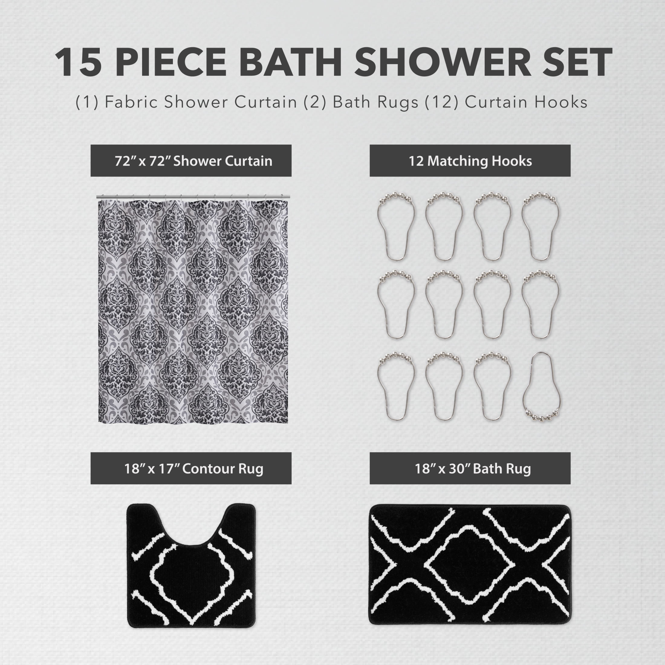 CHI Tana Shower Curtain with Hooks and Rugs Modern Washable 72" W x 72" L 15-Piece Set
