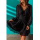 thumbnail image 2 of ABPHQTO Mini vestido negro con cuello en V y mangas farol con lunares suizos para mujer, 2 of 5