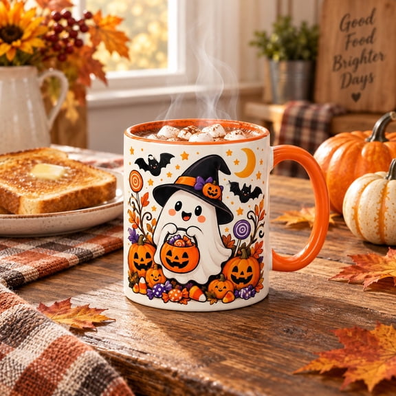 Coffee Mug Cute Ghost Candy Halloween Design with Orange Rim for Fall Drinks and Spooky Season Gifts