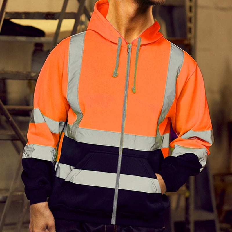 Sweat a Capuche Homme Veste Reflechissante Trafic Travail Veste Construction Chantier Veste de Securite Hiver Automne Sweat a Capuche Jaune Orange