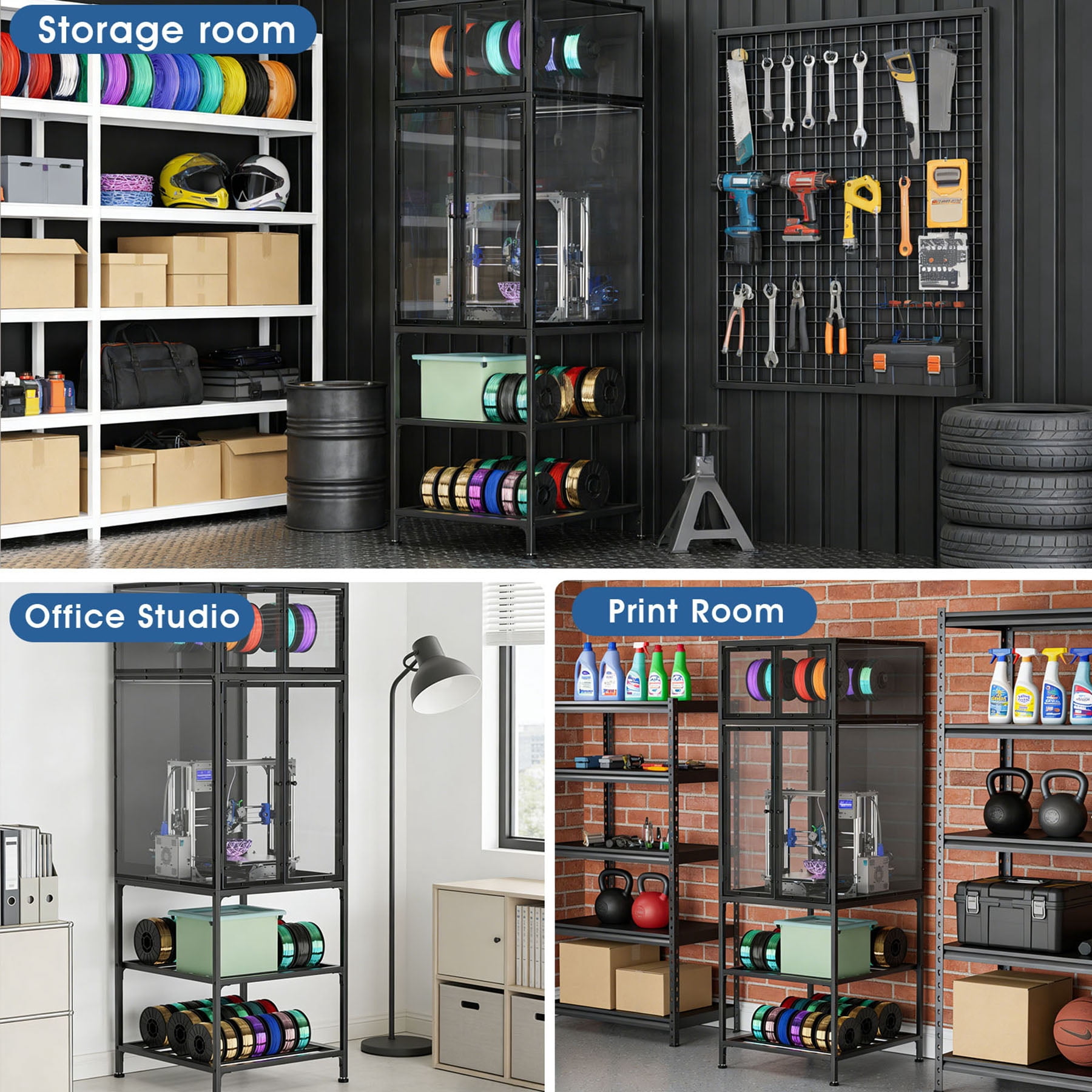 S-HOME Black 3D Printer Cabinet with Double Layer Filament Storage Rack and Noise-Reducing Design, for Studio and Office Use