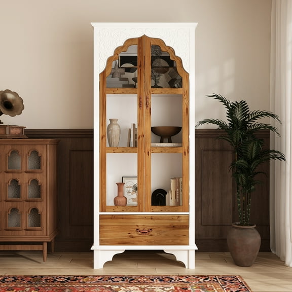 KULAGAGA 70.9-Inch Kitchen Pantry Cabinet with 3 Shelves & Drawer,Corner Storage Display with Carved Glass Doors for Dining Room, White