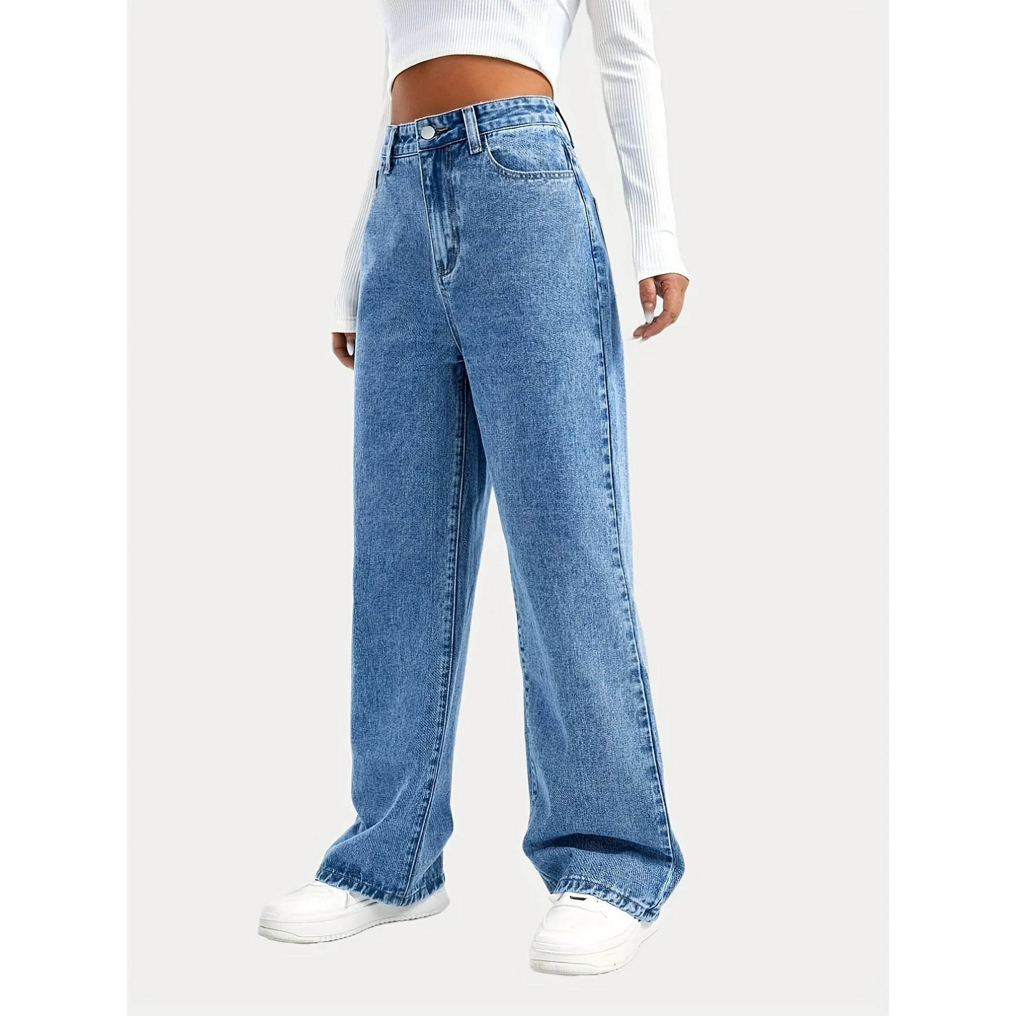 Jean Droit a Jambe Large Bleu Poches Slash Boyfriend Taille Haute Coupe Ample Pantalon en Denim a Taille Haute Jeans et Vetements en Denim pour Femmes Walmart