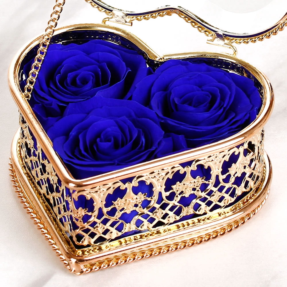 Enchante Preserved Forever Rose Vintage Heart Jewelry Box, Wedding Anniversary Birthday Valentine's Day Mother's Day Gift Eternity Flower, Blue