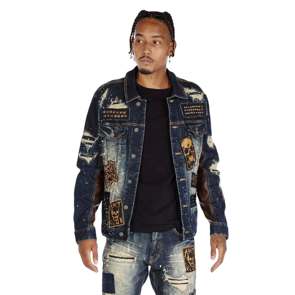 Smoke Rise Smoke Rise Men's Fashion Stud and Patchwork Denim Jacket