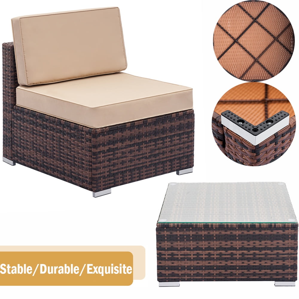 Seizeen Patio Funiture Set, Patio Sectional Sofa with 1 Multifunctional Table & Ottoman, 5-Piece Gray PE Wicker Rattan Sectional Sofa Set for Garden, Poolside, Backyard, Beige Cushions