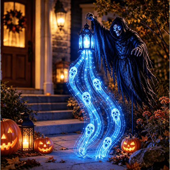 Halloween Grim Reaper Animated Garden Light, Solar Powered Flowing Blue LED Ghost Soul Effect, Waterproof Ground Stake, Spooky Outdoor Yard & Graveyard Halloween Decor