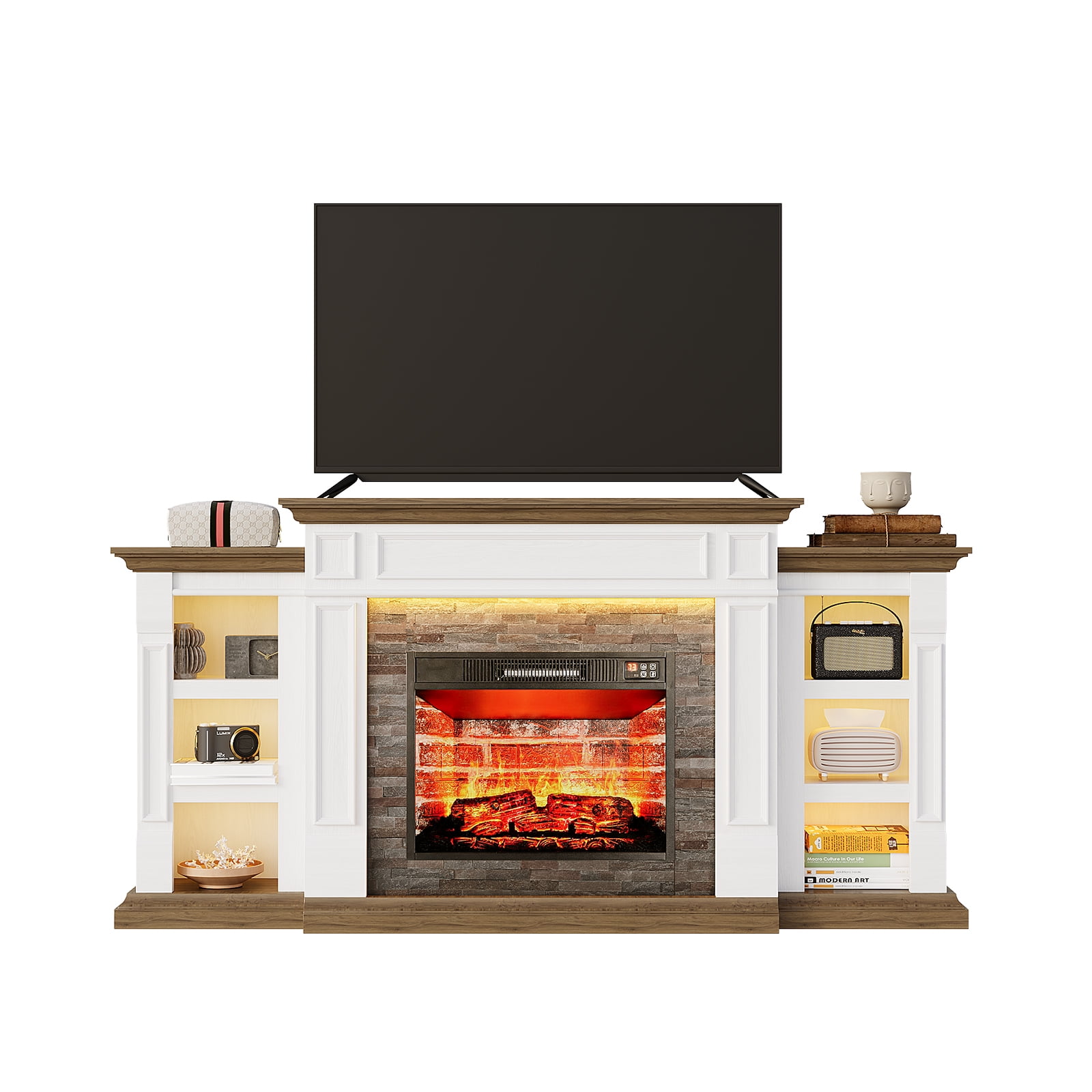 Holliwill 71" Fireplace Mantel, TV Stand Entertainment Center for TVs up to 80" with 23" Electric Heater & LED Light, White Brwon