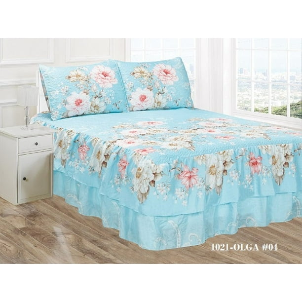 Wpm Printed Double Ruffle Bedspread Set Sky Blue Pink Flower Print King Or Queen Size Bedding Olga 4 Com - Blue And Pink King Size Bedding Wpm Printed Double Ruffle Bedspread Set Sky Blue Pink Flower Print King Or Queen Size Bedding Olga 4 Com - Blue And Pink King Size Bedding