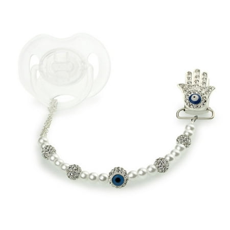 White Beaded Chamsa Eye Pacifier Clip