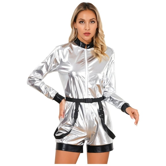 Alvivi Women's Shiny Astronaut Costume Bodysuit Fancy Dress Shorts Jumpsuit Silver 3XL
