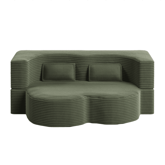 TICOZE 78 Inch Modern Floor Sofa with 2 Pillows, Convertible Plush Corduroy Sleeper Sofa Bed, Full Size Folding Mattress for Living Room and Guest Room, Green