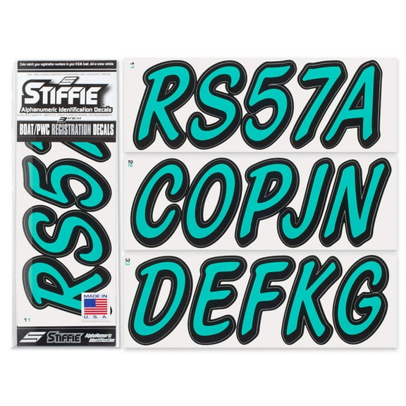 STIFFIE Whipline Solid Sea Teal/Black 3" Alpha-Numeric Registration Identification Numbers Stickers Decals for Boats & Personal Watercraft