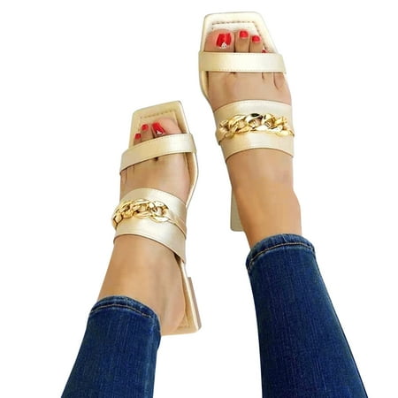 

Ladies Fashion Solid Color Leather Metal Chain Flat Casual Beach Sandals