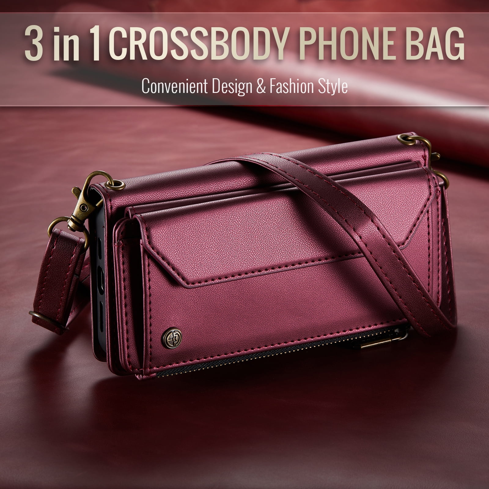 for iPhone 11 Full Body Protection Wallet Folio Flip Case, Shoulder Strap & Wristlet Card Slots Zipper Pocket RFID Blocking Rugged Durable PU Leather Phone Case Cover, Winered