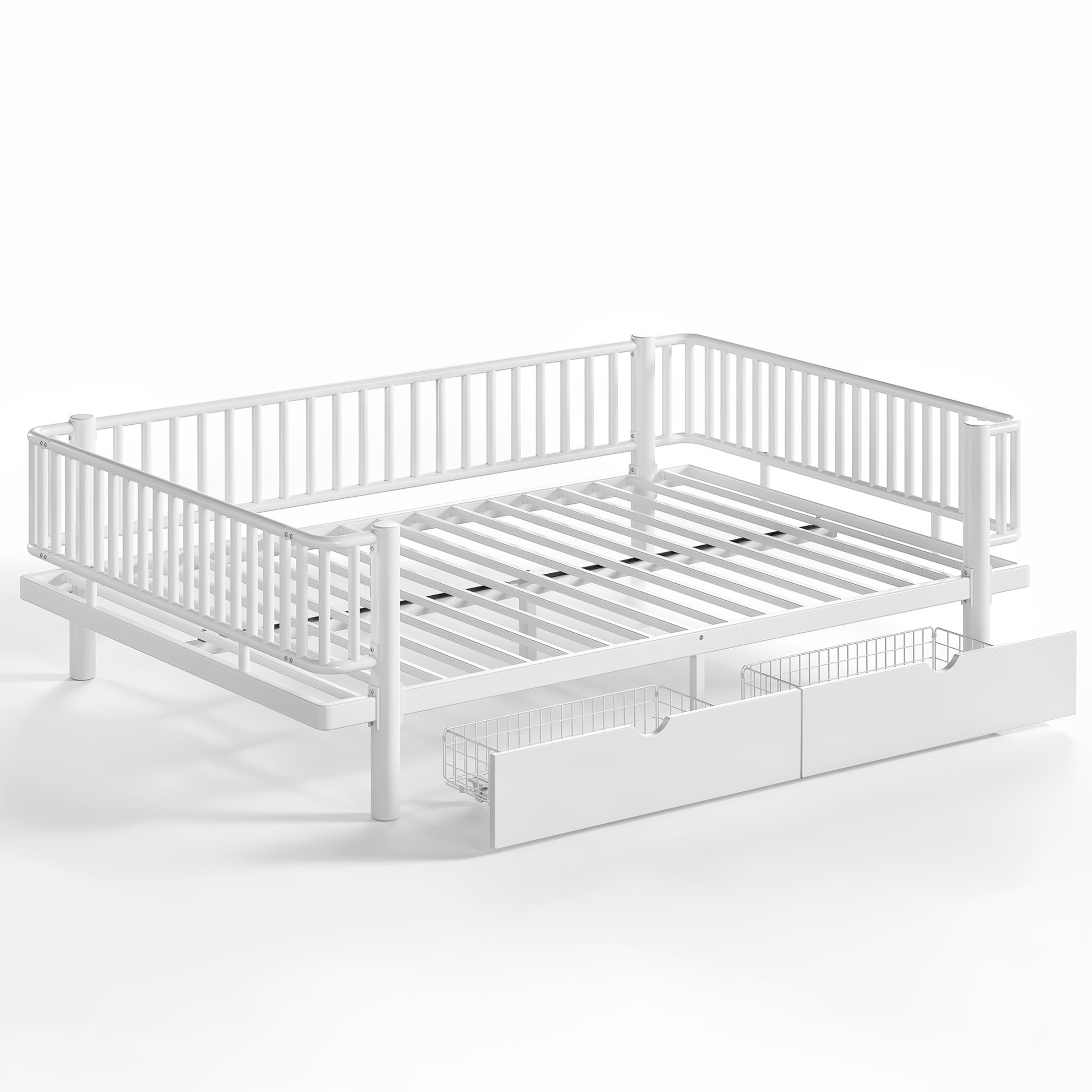 Noble House Queen Size Platform Bed with Storage Drawers, Daybed Frame with Round-Pipe Design, White