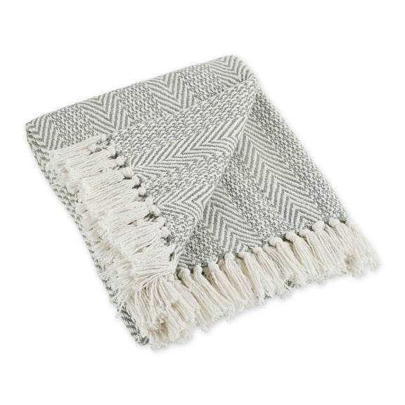 Contemporary Home Living Artichoke Green and White Herringbone Striped Rectangular Cotton Decorative