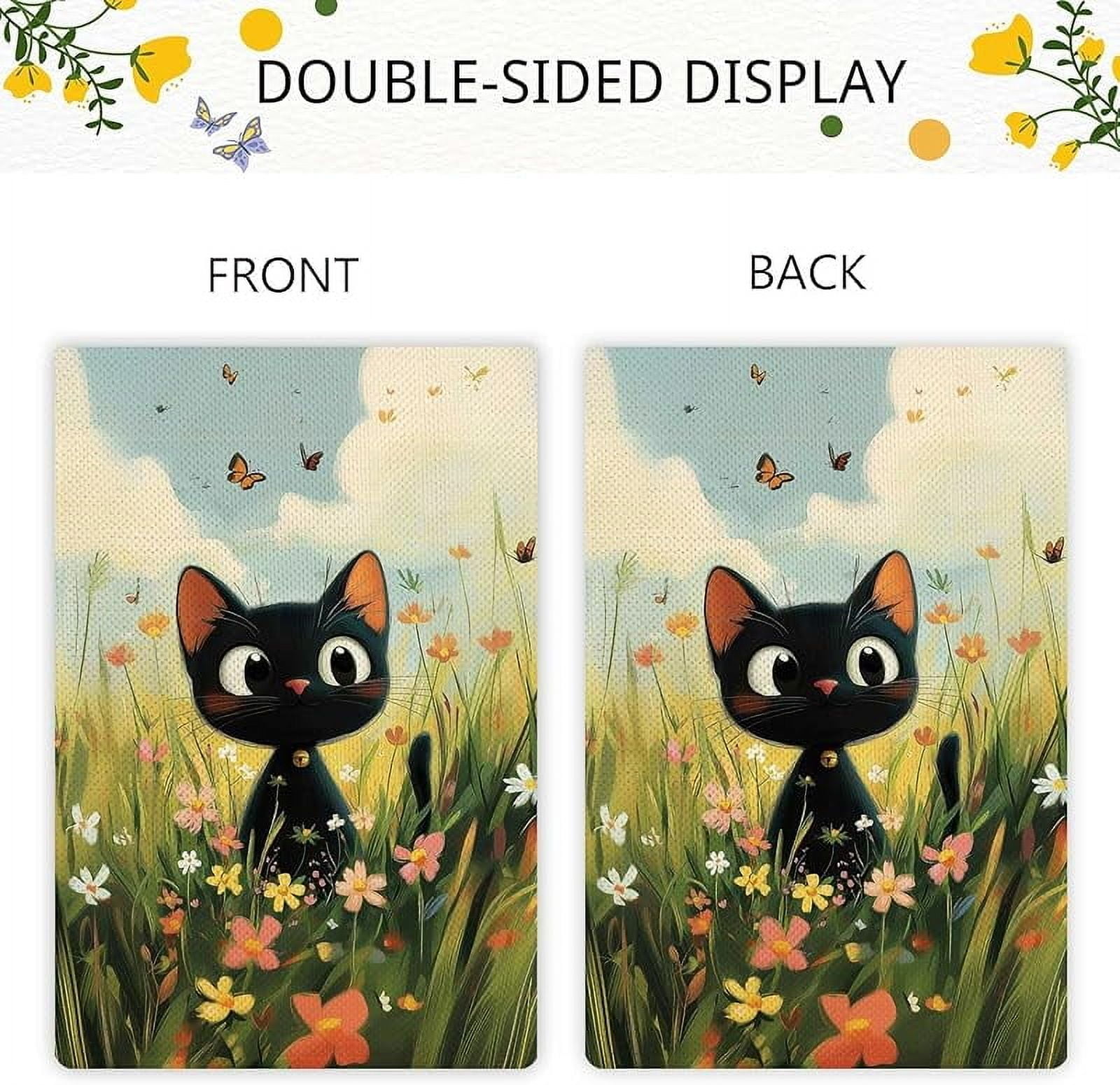 Spring Cute Black Cat Garden Flag Spring Summer Butterfly Floral Flowers Garden Flag Vertical Double Sided Rustic Farmland Burlap Yard Lawn Outdoor Decor