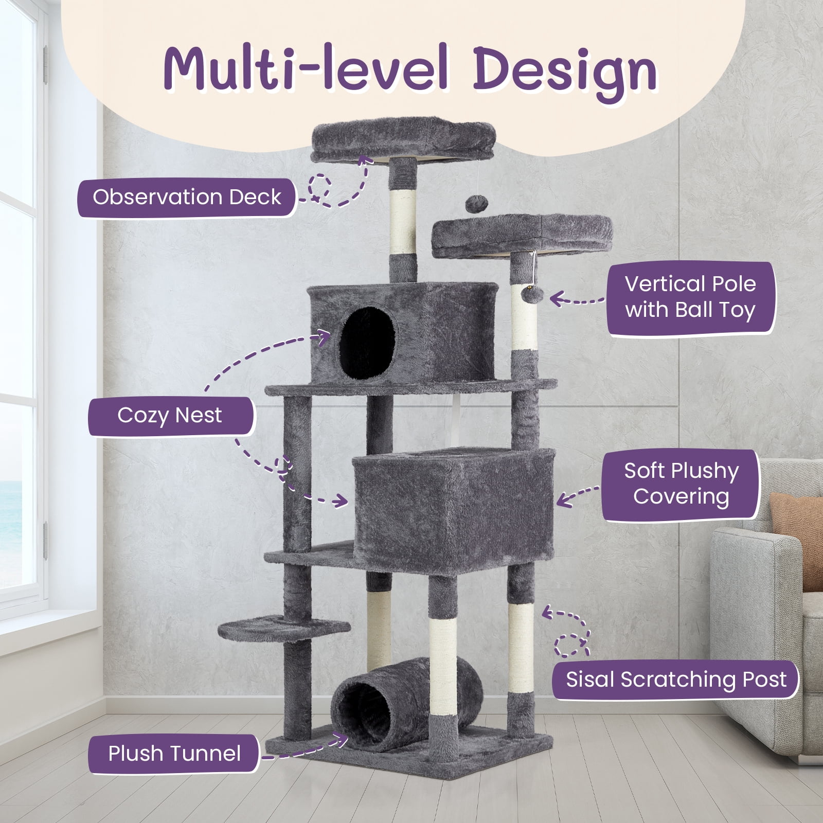65 Inch Cat Tree Cats Tower for Indoor, Large Multi-Level Cat Play House Condo Furniture with Padded Platform Beds, Large Cozy Condos, Sisal Scratching Posts, Toy Balls and Cat Play Tunnel