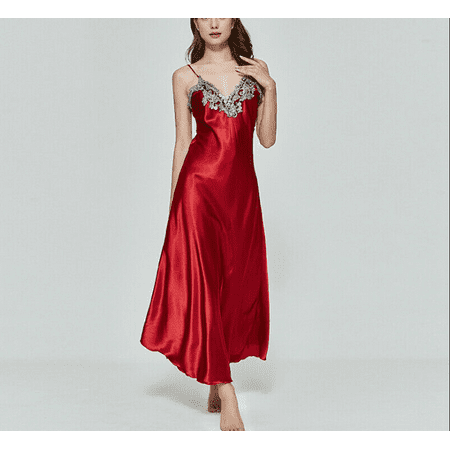 

Eyicmarn Women Satin Silk V Neck Pajama Long Nightdress Sleeveless Sleepwear