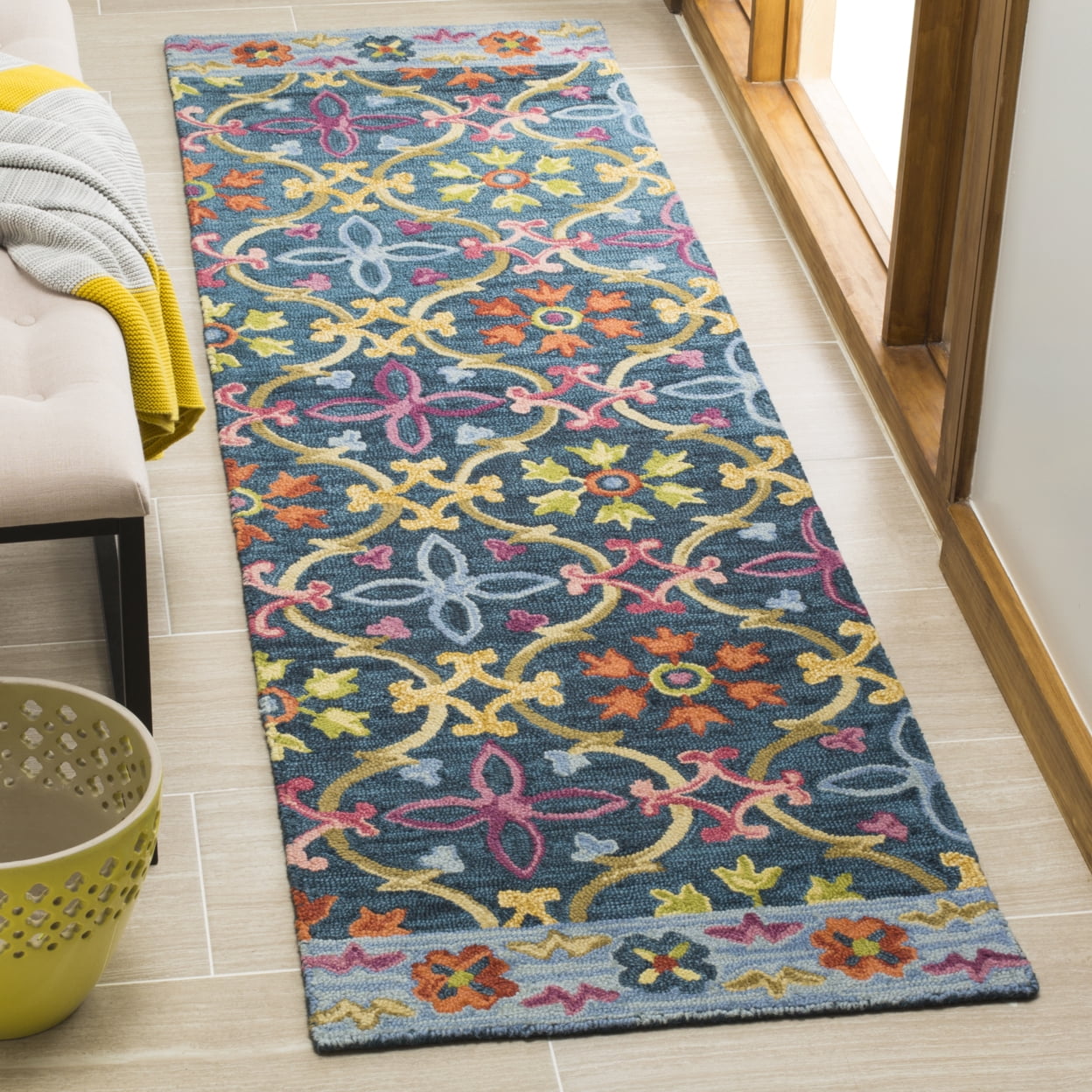 SAFAVIEH Suzani Ethelinda Geometric Swirls Wool Area Rug, Blue/Multi, 5' x 8'