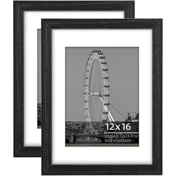 12x16 inch or 9x12 with Mat Poster Picture Frame Set, Wire Brush Distressed Black Wood Border, Wall Mount Vertically or Horizontally, Safe Plexi Glass, 2 Pack