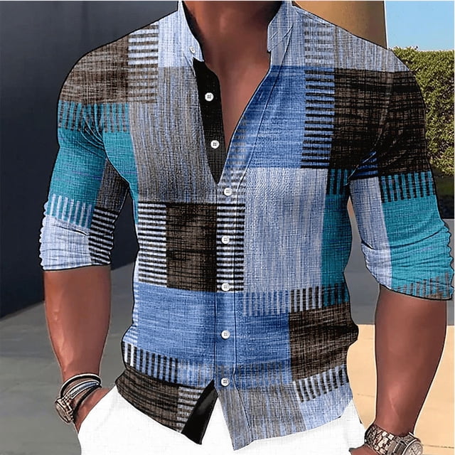 Camisa de hombre con costura retro, cuello alto degradado, manga larga, botones, ropa de calle para exteriores, diseño informal, transpirable, tallas S a 6XL