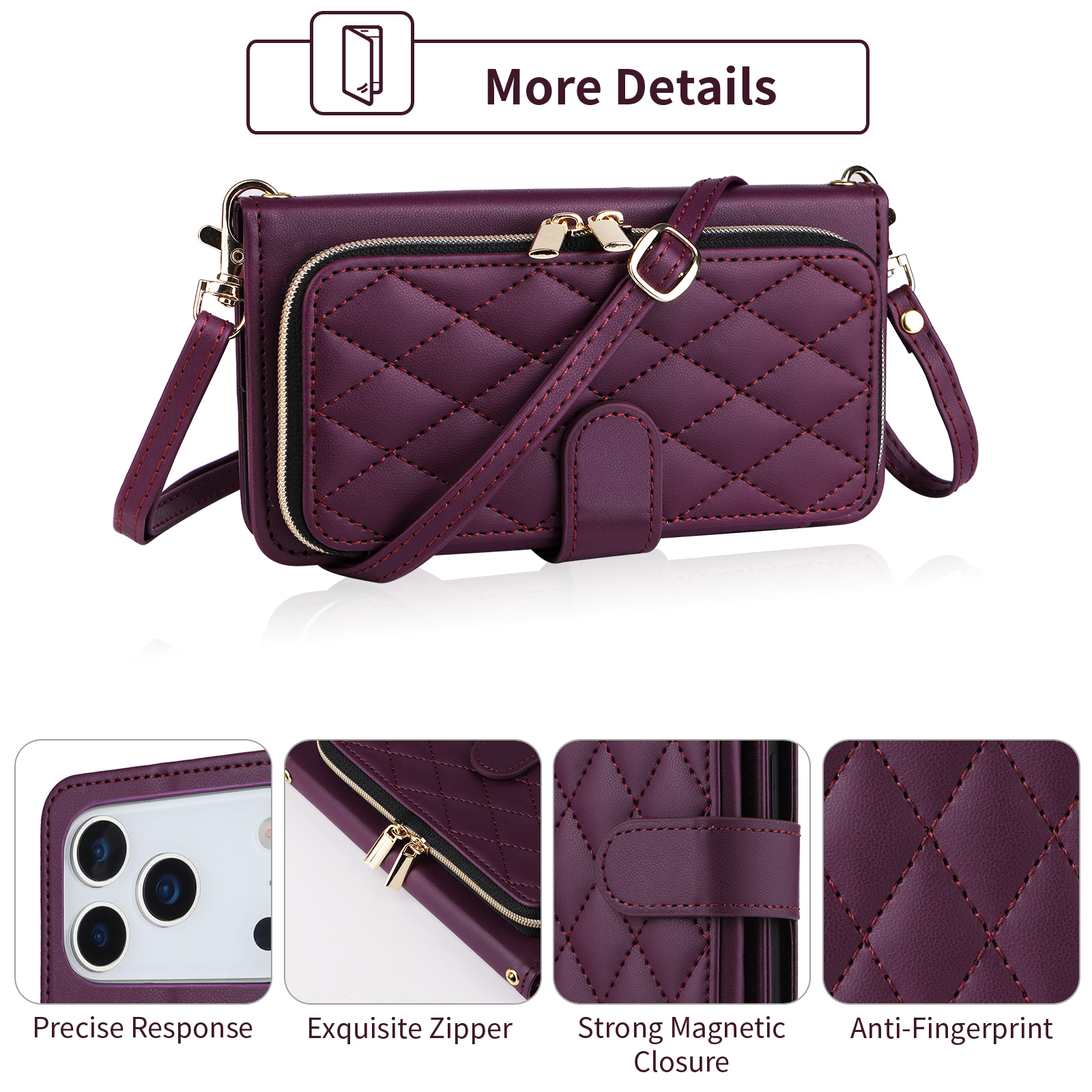 Furiet Argyle Wallet Case for iPhone 17 Pro Max 6.9 inch with Wrist/Shoulder Strap Card Slots Zipper Purse PU Leather Stand Phone Cover for i Phone17 17Pro i17 ProMax 17ProMax Women Girls Deep Purple