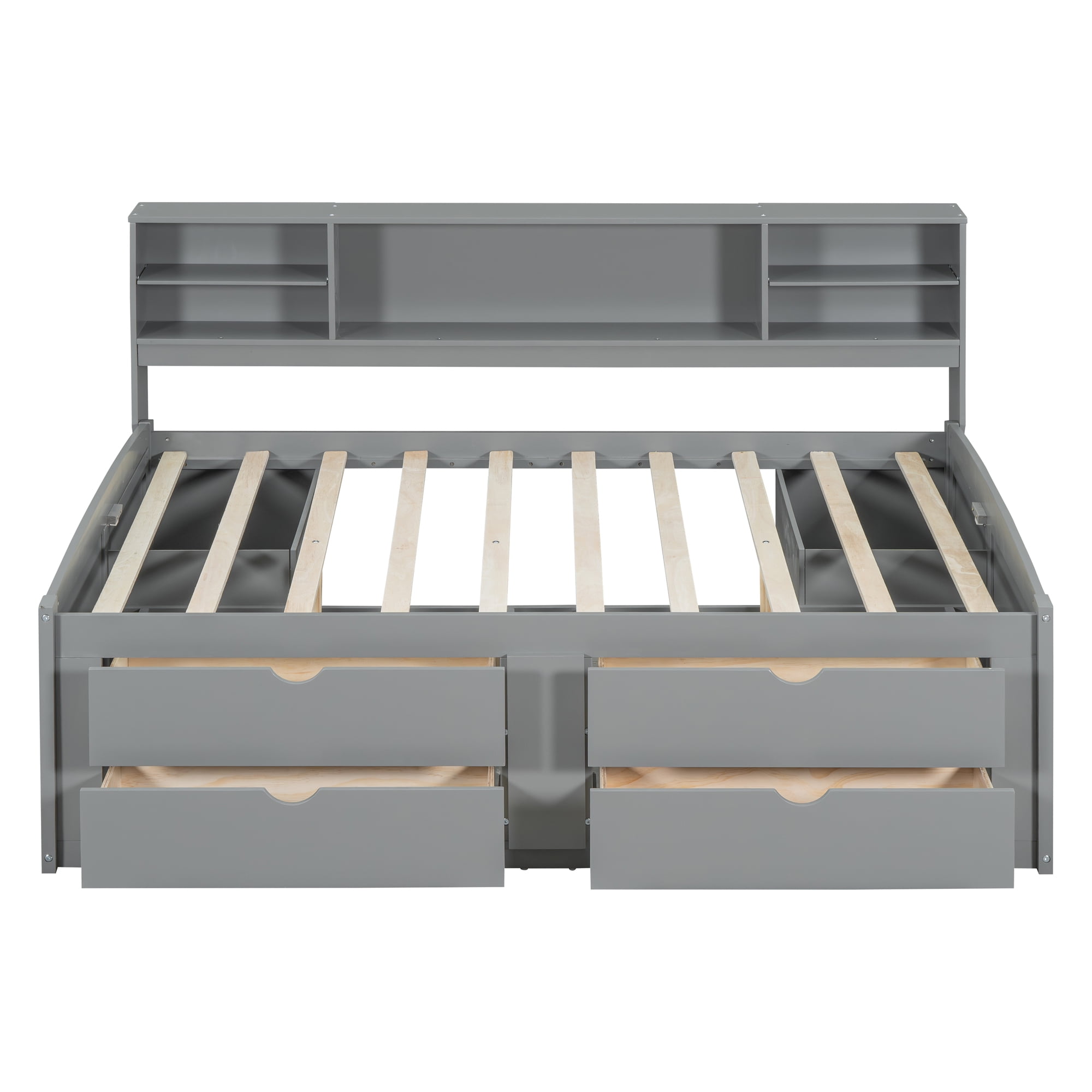 Mintazer Full Daybed Frame with Bookcase Headboard, Multifunctional Storage Bed with 4 Storage Drawers & Side Cabinet for Bedroom Guest Room, Gray