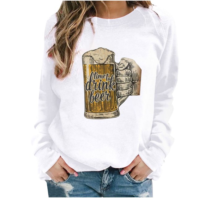 Wolfast Chandails à Manches Longues pour Femmes Motif Personnalisé Bière Mode Chandail Décontracté à Manches Longues Col Rond