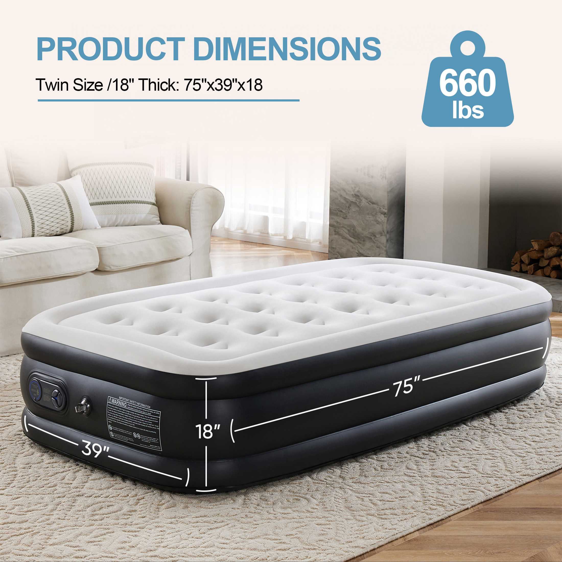 Aukfa 18" Tween Air Mattress with Built-in Pump, Inflatable Airbed for Camping, Travel, 660lbs