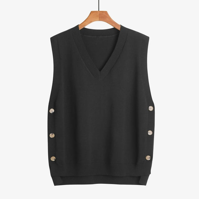 HOZADOIE Sweater Vest for Women Side Button Design Solid Color Sleeveless V Neck Versatile Loose Knit Simple Comfortable Pullover Sweater Spring Fall Style