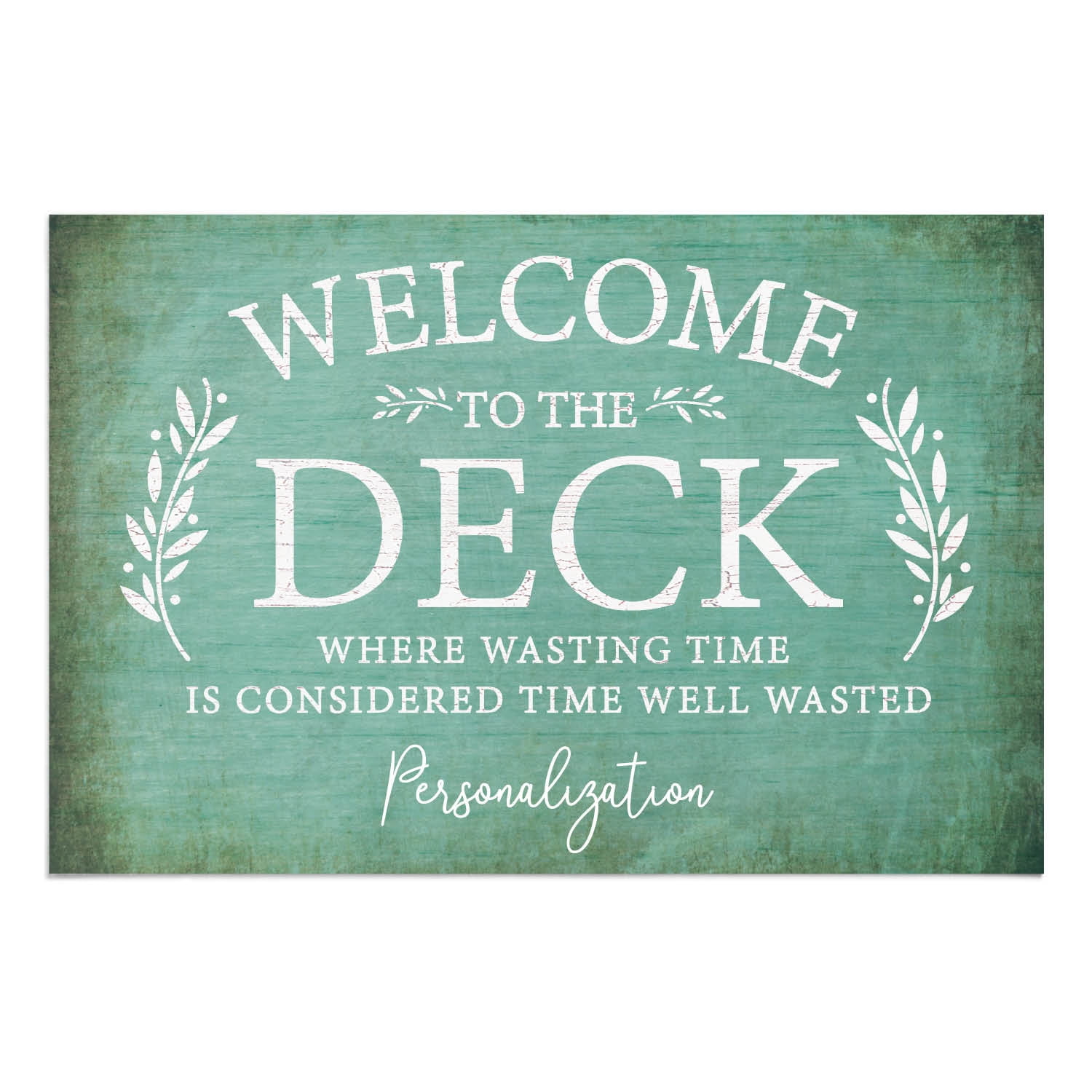 Personalized Planet 27x18 Welcome To The Deck Where Wasting Time is Considered Time Well Wasted Doormat with Custom Name Printed on Blue Rectangular 1/8” Thick Non Slip Mat