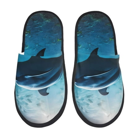 Balery Ocean Dolphin Fish School Slient Indoor Furry Fleece Comfort House Shoes Soft Non-Slip Home Shoes Cotton slippers House Slippers-- Large