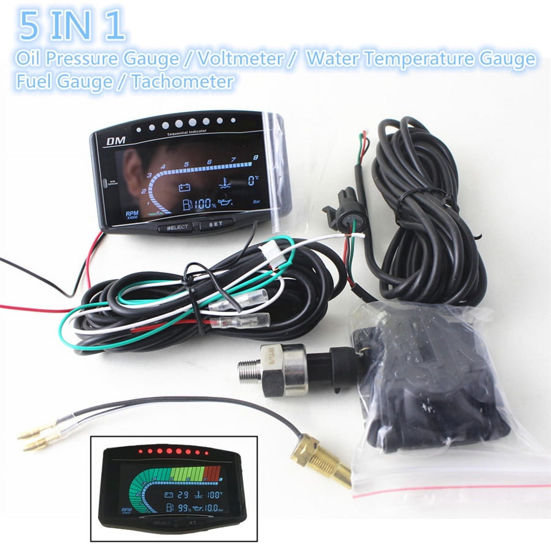 5in1 Car Auto LCD Digital Oil Pressure Water Temp Fuel Voltage Gauge Tachometer