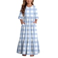 thumbnail image 2 of LJEFF Girls Dress with Pocket, Plaid Flowy Tiered Skirt 3/4 sleeves Crew Neck Casual Dresses for Kids Light Blue Size 6 Years, 2 of 7