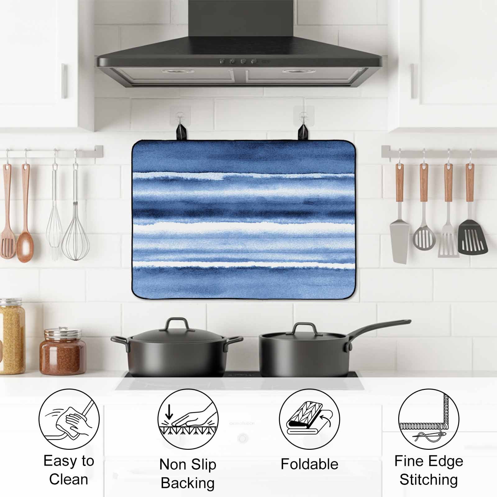 Blue Stripes Stove Top Cover for Electric Stove, Heat-proof & Non Slip Glass Top Stove Cover Protector, Watercolor Retro Ombre Abstract Tie Dye Art Kitchen Flat Cooktop Rubber Mat 24x21 Inches
