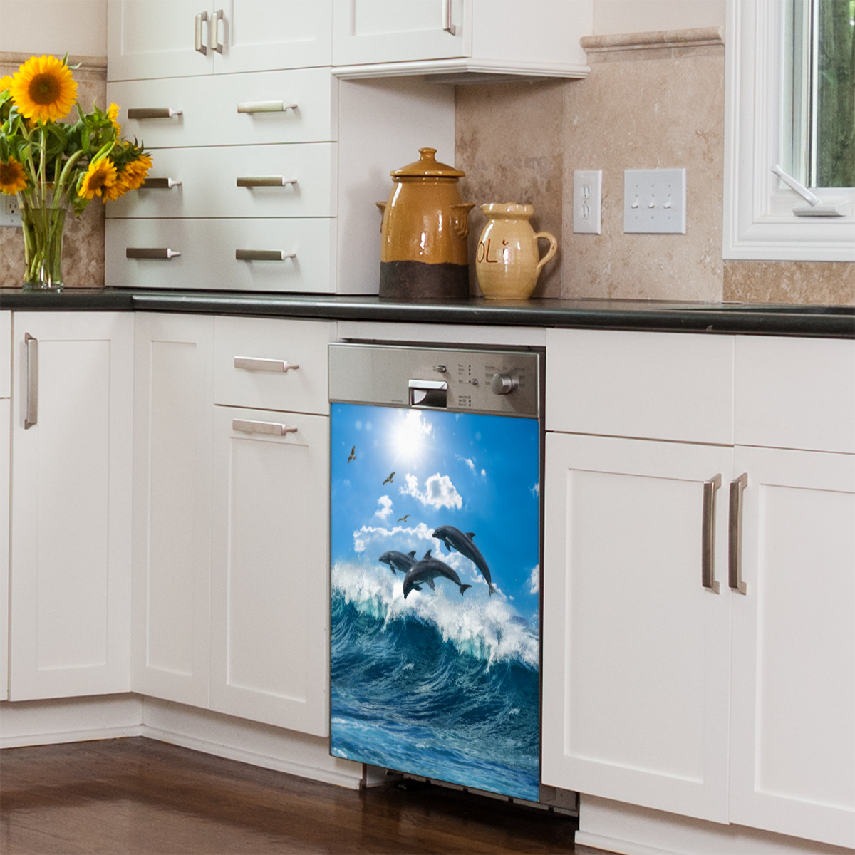 Dishwasher Magnet Cover, Ocean Dolphin Seascape Print, PVC Magnetic Sheet Front Dishwasher Cover Decoration 26x20In, Reusable Waterproof Decorative Appliance Front Wrap