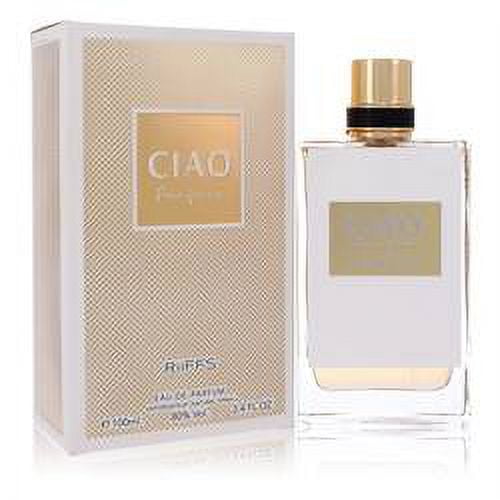 riiffs ciao pour femme eau de parfum spray por riiffs frasco y caja frontales. Botella rectangular de vidrio translúcido con etiqueta dorada y tapa metálica dorada; caja beige texturizada con logotipo central. Perfume para mujer de The Fragrance Book.