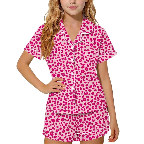 Cethrio Girls' Pajama Sets 2 Piece, Short Sleeve Breathable Casual Kids' Summer Sleepwear Hot Pink Size 10-12