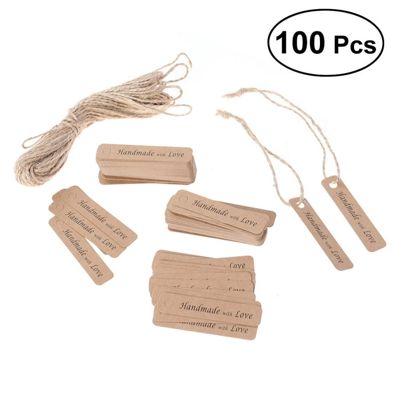 100pcs Kraft Paper Tags with Strings Gift Favors Baking Food Package Tags  Handmade with Love Hanging Labels (Rectangle) 