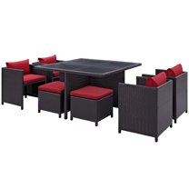 Side Dining Chair and Table Set, Red, Rattan, Wicker, Outdoor Patio Balcony Cafe Bistro Garden Hospitality Restaurant, Modern Contemporary HB34929