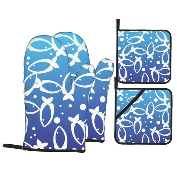 YFYANG Oven Mitts and Pot Holders Sets 4 Pieces, Non-Slip Heat Resistant Blue Fish Pattern Kitchen Glove Pot Mat for Cooking and Baking