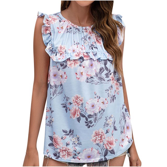 Blusa sin mangas con cuello redondo y estampado informal de verano para mujer a la moda Fridja gh291