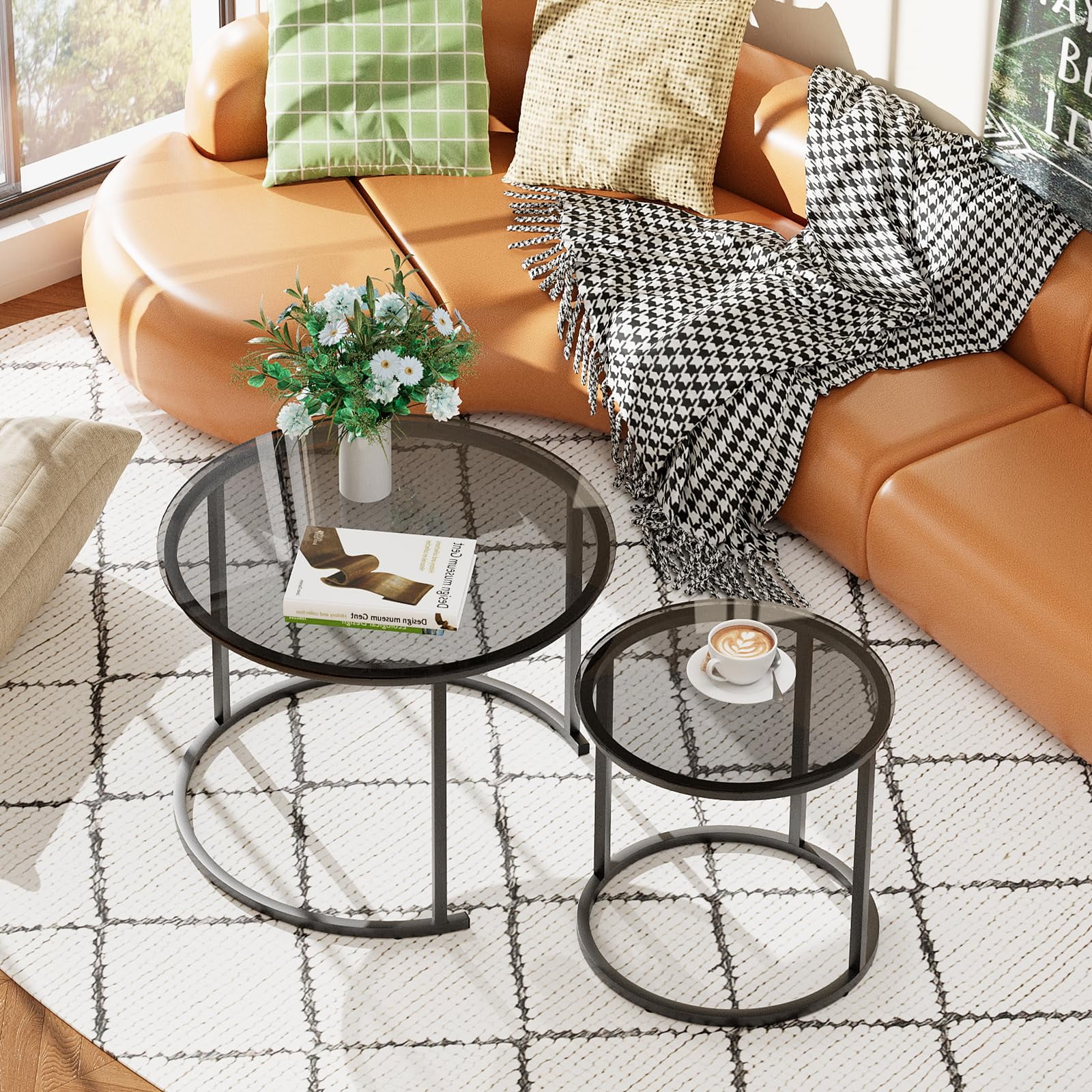 Nesting Coffee Table Grey Glass Table Set of 2, Small Round Glass Nesting Tables for Living Room Bedroom, Accent Tea Table with Metal Frame Modern Industrial Simple