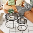 thumbnail image 3 of Nesting Coffee Table Grey Glass Table Set of 2, Small Round Glass Nesting Tables for Living Room Bedroom, Accent Tea Table with Metal Frame Modern Industrial Simple, 3 of 9