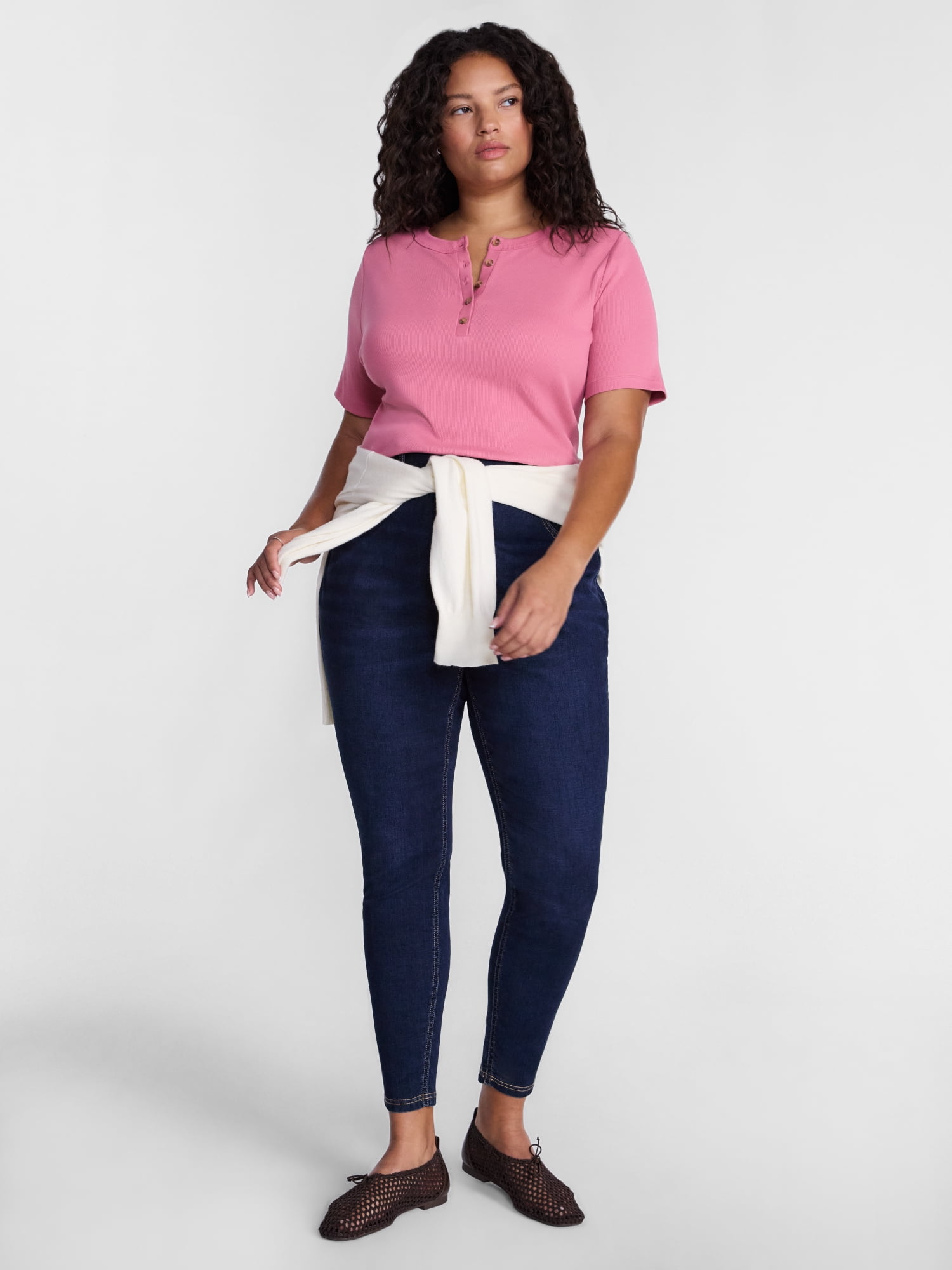 Terra & Sky Women's Plus Ribbed Henley Top with Short Sleeves, Sizes 0X-5X