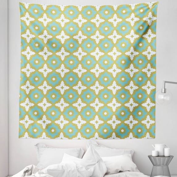Eastern Tapestry, Floral Shaped Pastel Toned Ceramic Tile Style Ornate Mosaic Pattern, Fabric Wall Hanging Decor for Bedroom Living Room Dorm, 5 Sizes, Khaki Turquoise, by Ambesonne