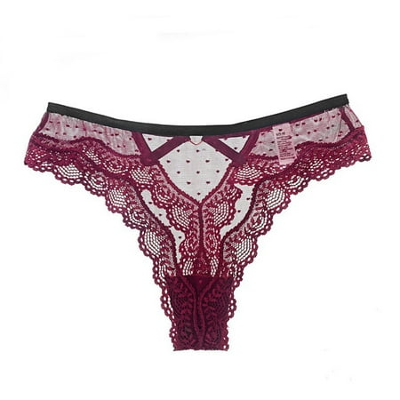 

YYDGH G String Thongs for Women Sexy Low Waist Lace Embroidered Hollow Out Lingerie Bikini Breathable Bowknot Panties Brief Underpants Wine Red M